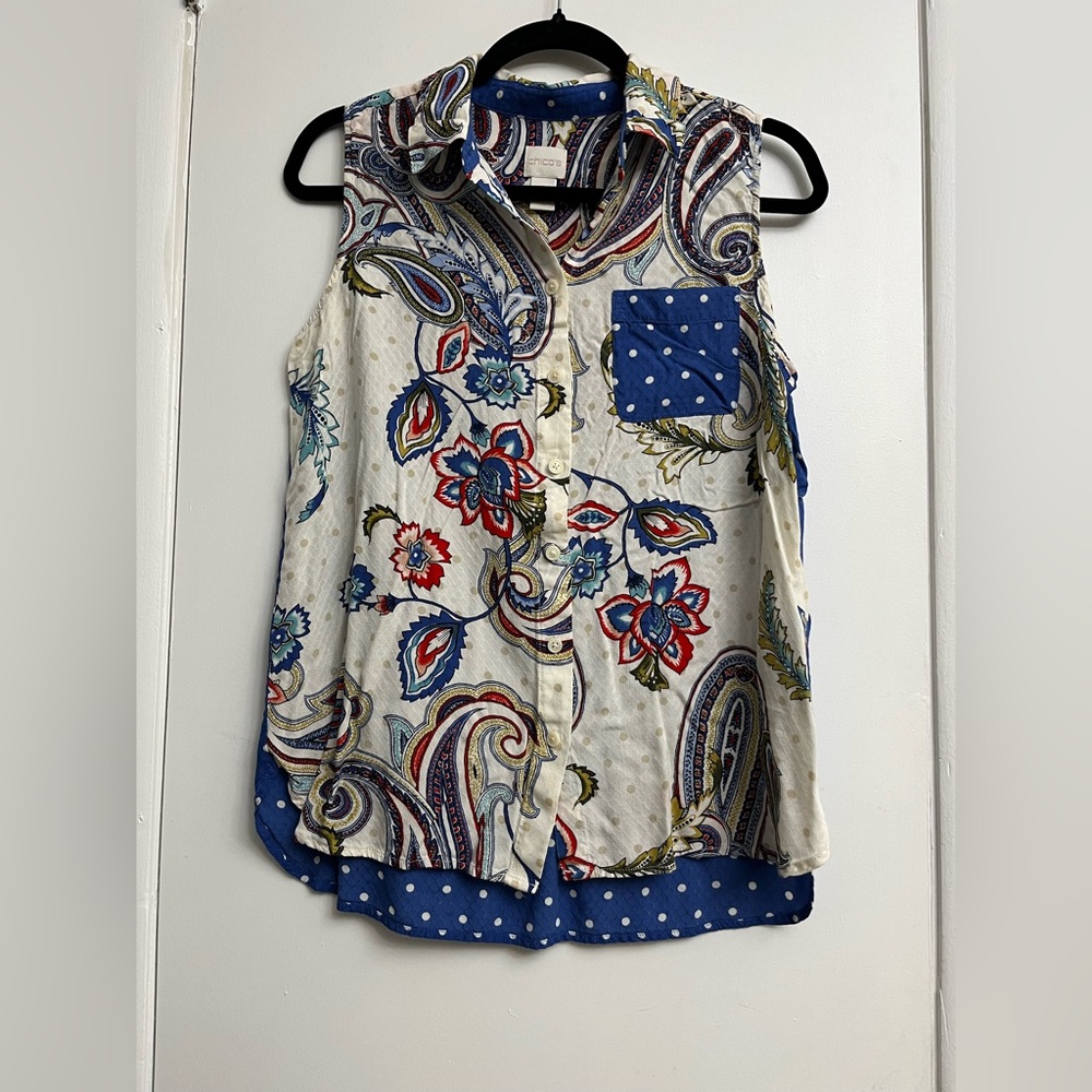 Chico's Multicolored Paisley and Floral Print Sleeveless Button Down Blouse - Picture 2 of 14
